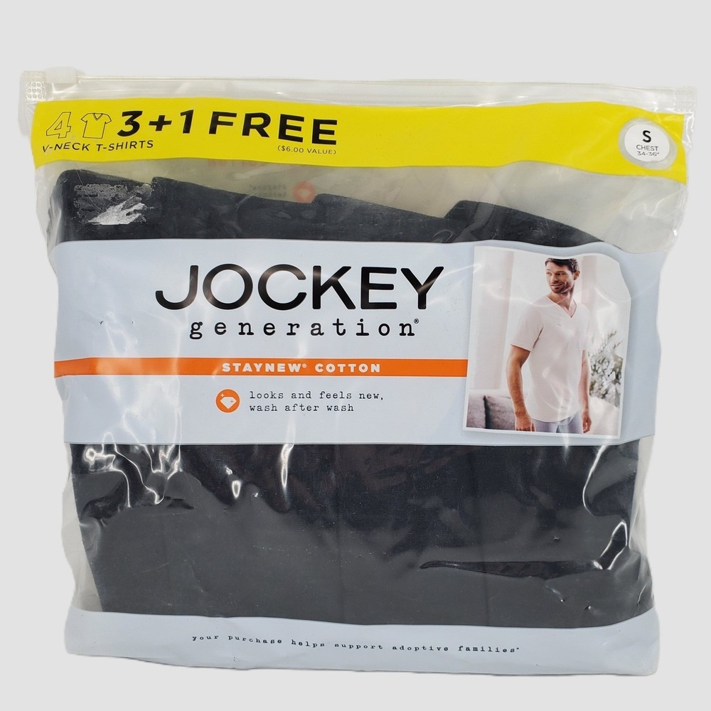 Jockey Generation Mens Small Black V Neck T-Shirts 4 Pack StayNew Cotton 006993